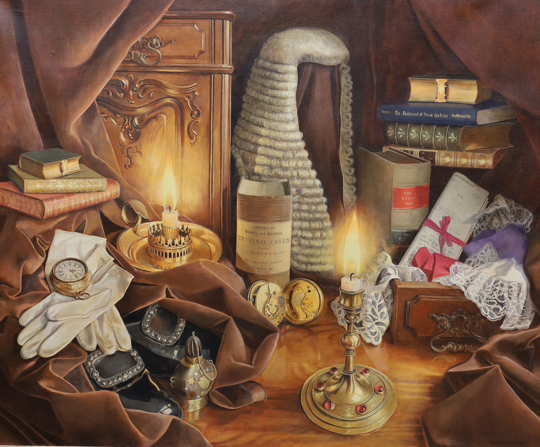 Rosa Branson (b.1933), oil on canvas, Still life for a judge, signed and dated 1983, 121 x 151cm